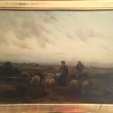 Hermann solbrig (1853-1942) painting, oil on panel, shepherdess and her troupe