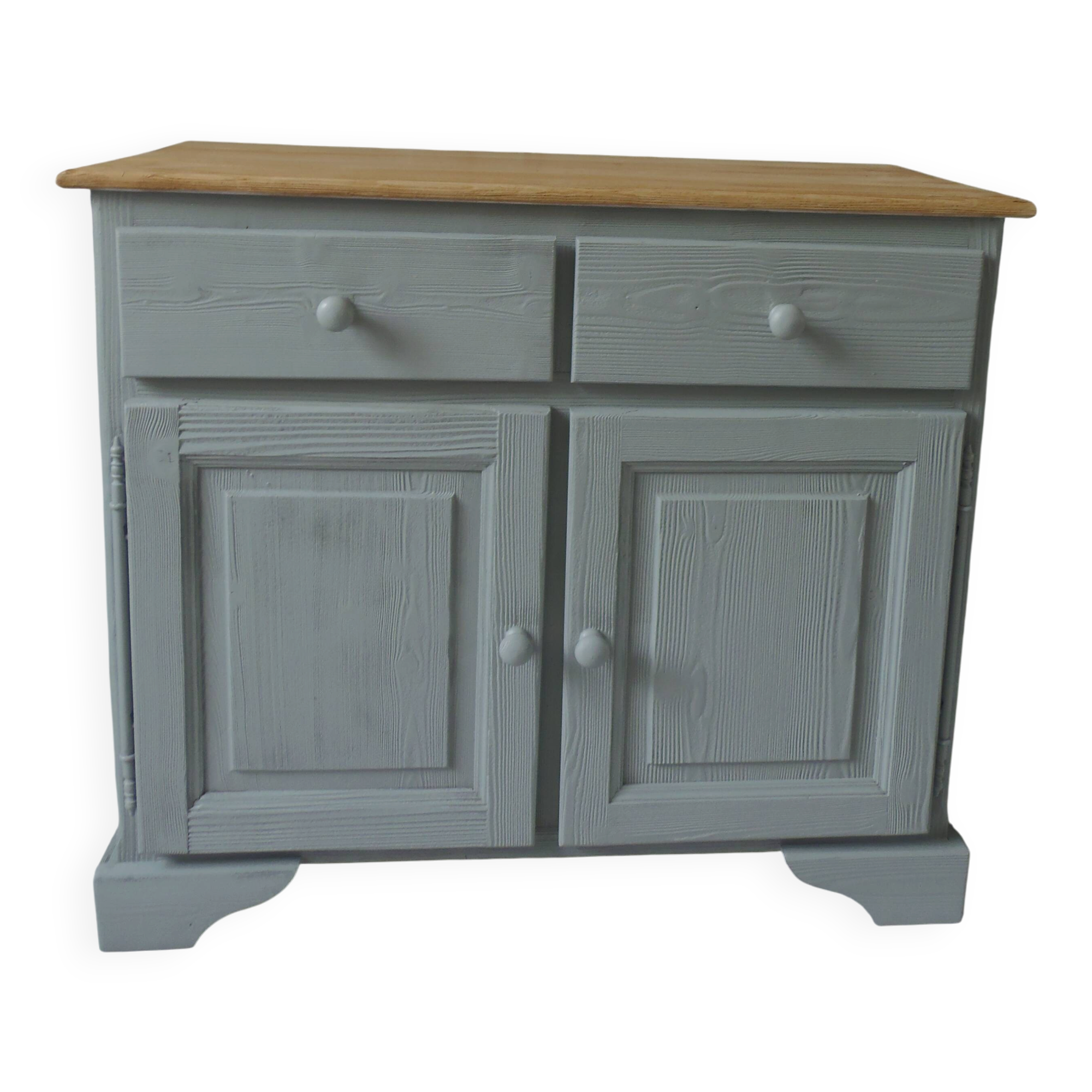 Compact buffet re-enchanted in grey-green, wooden top.