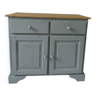 Compact buffet re-enchanted in grey-green, wooden top.