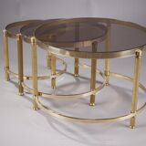 Set of three nesting coffee tables in bronze and smoked glass, 70s