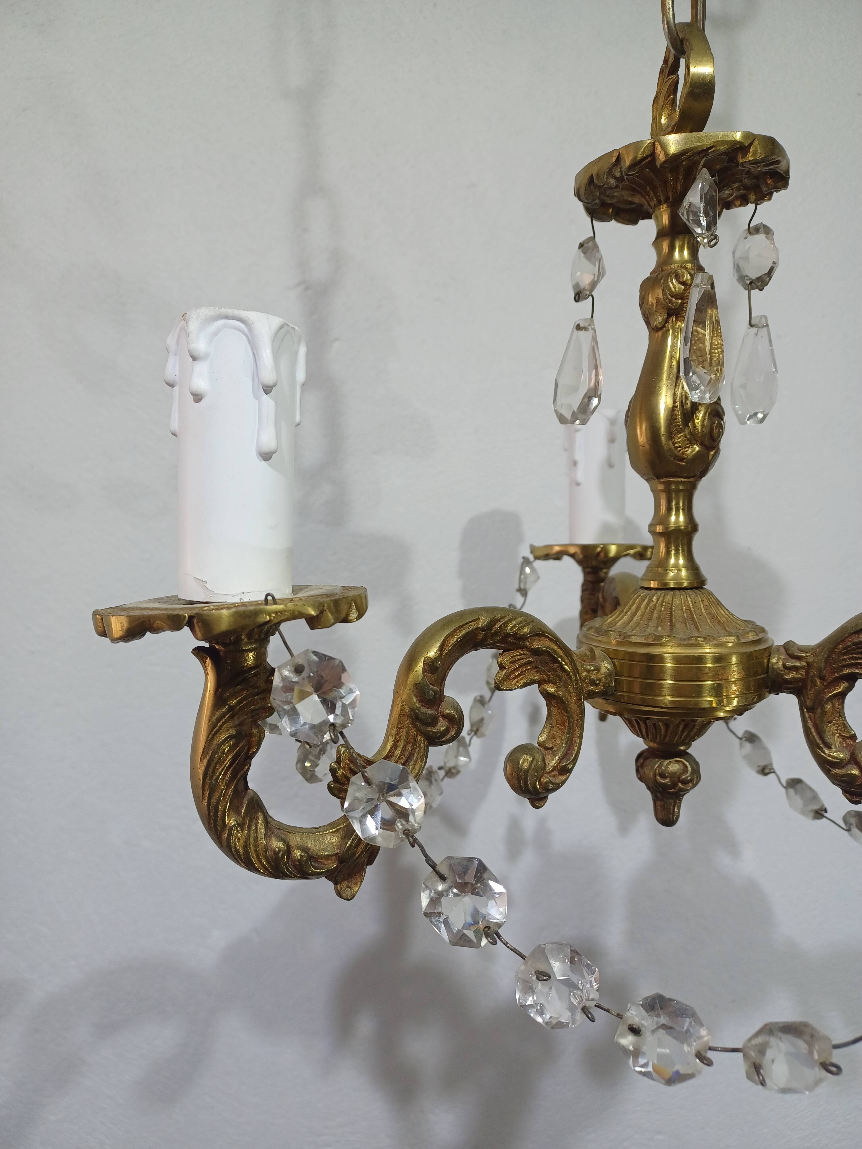 3-light bronze and crystal chandelier