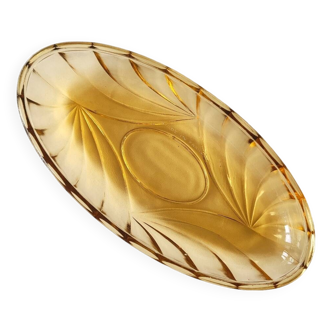 Coupelle ou ravier en verre moulé ambré de forme ovale (années 60)