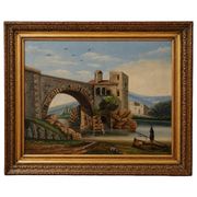 H. Nicolini  – Paysage animé au pont de pierre, XIXe siècle
