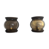 Pair of bronze and glass wall lights from the mid-century, 1960, Italy.