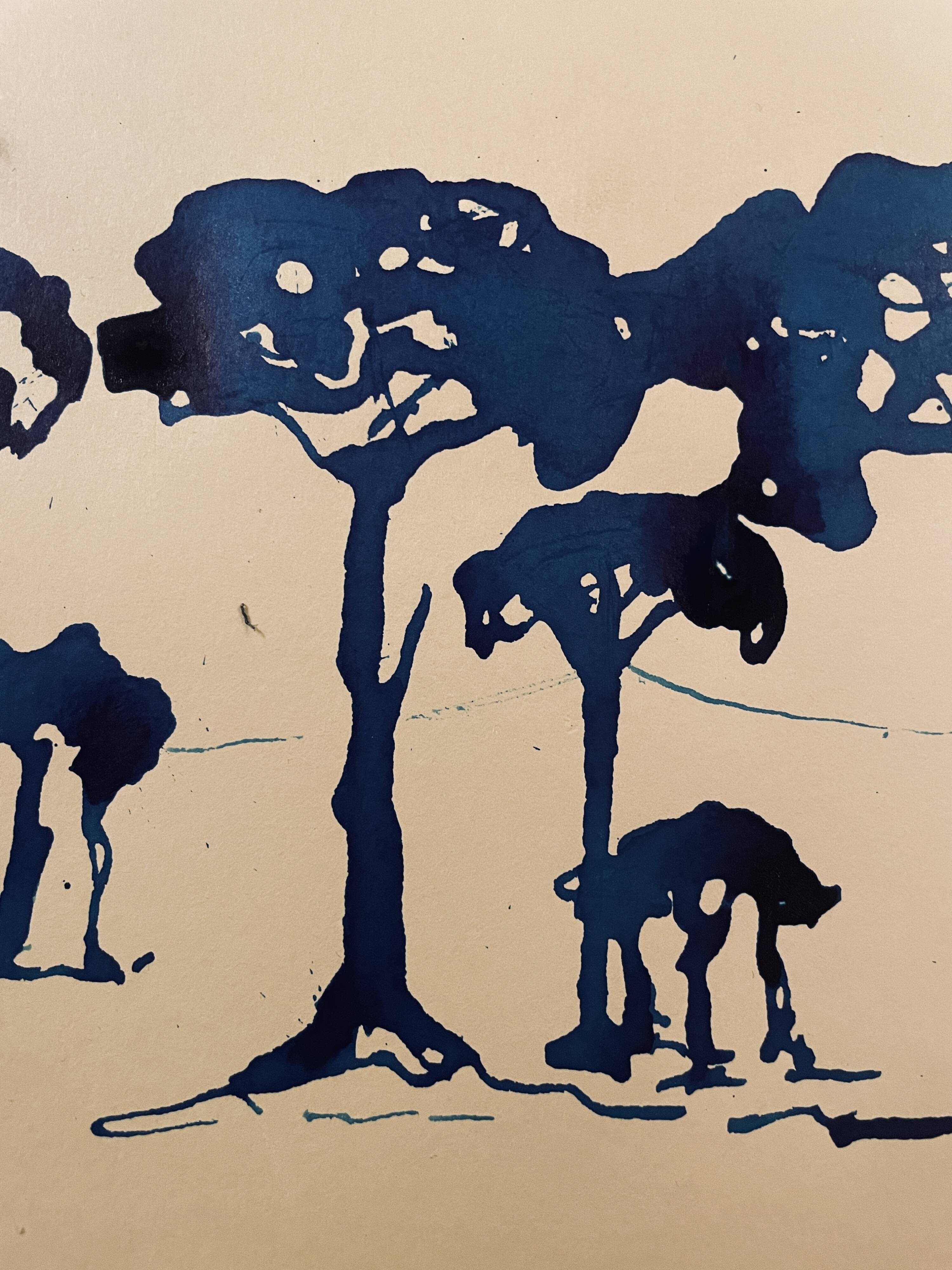 Painting, monochrome watercolor "Twilight over the Pine Forest" Provence, signed