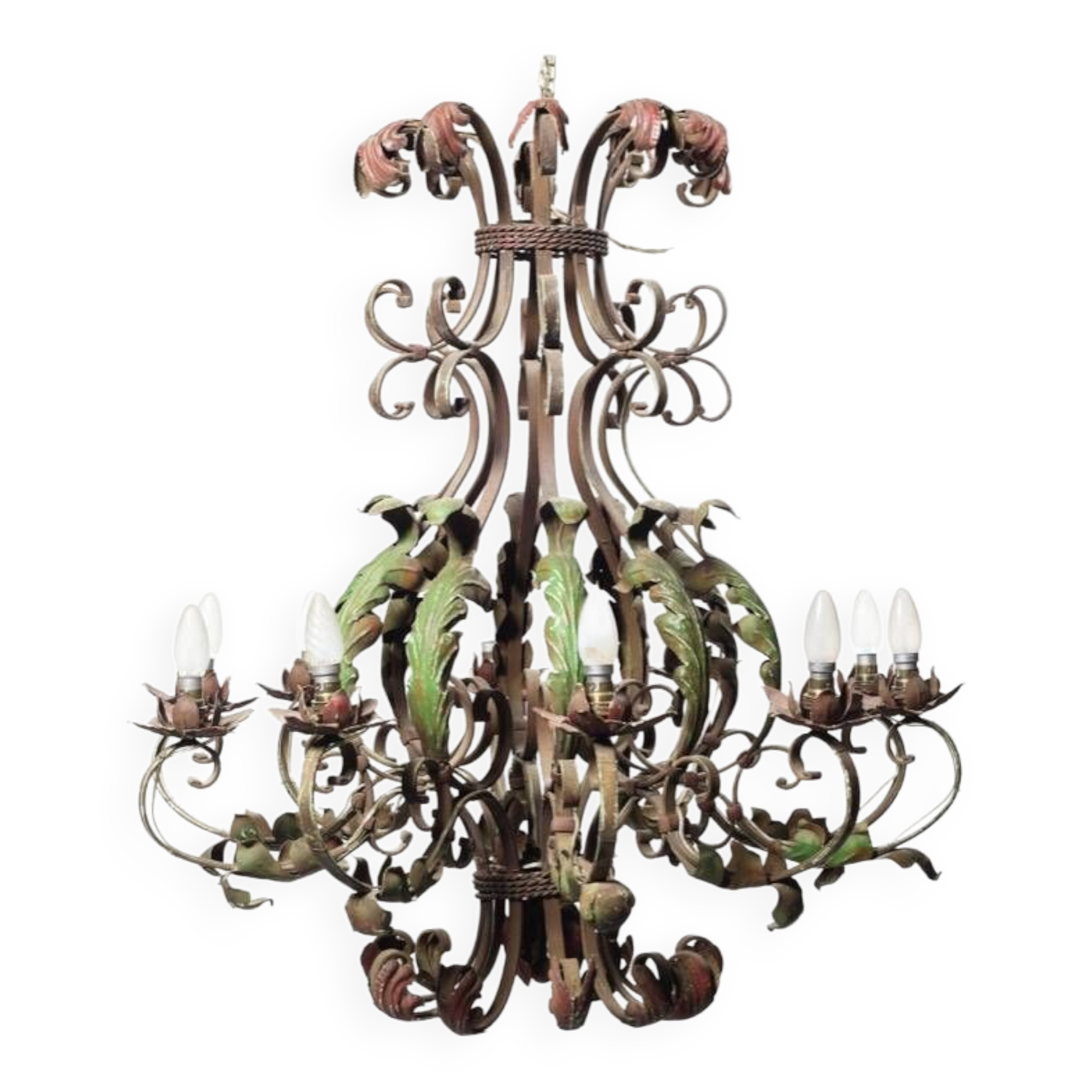 Lustre vintage en fer forgé polychrome