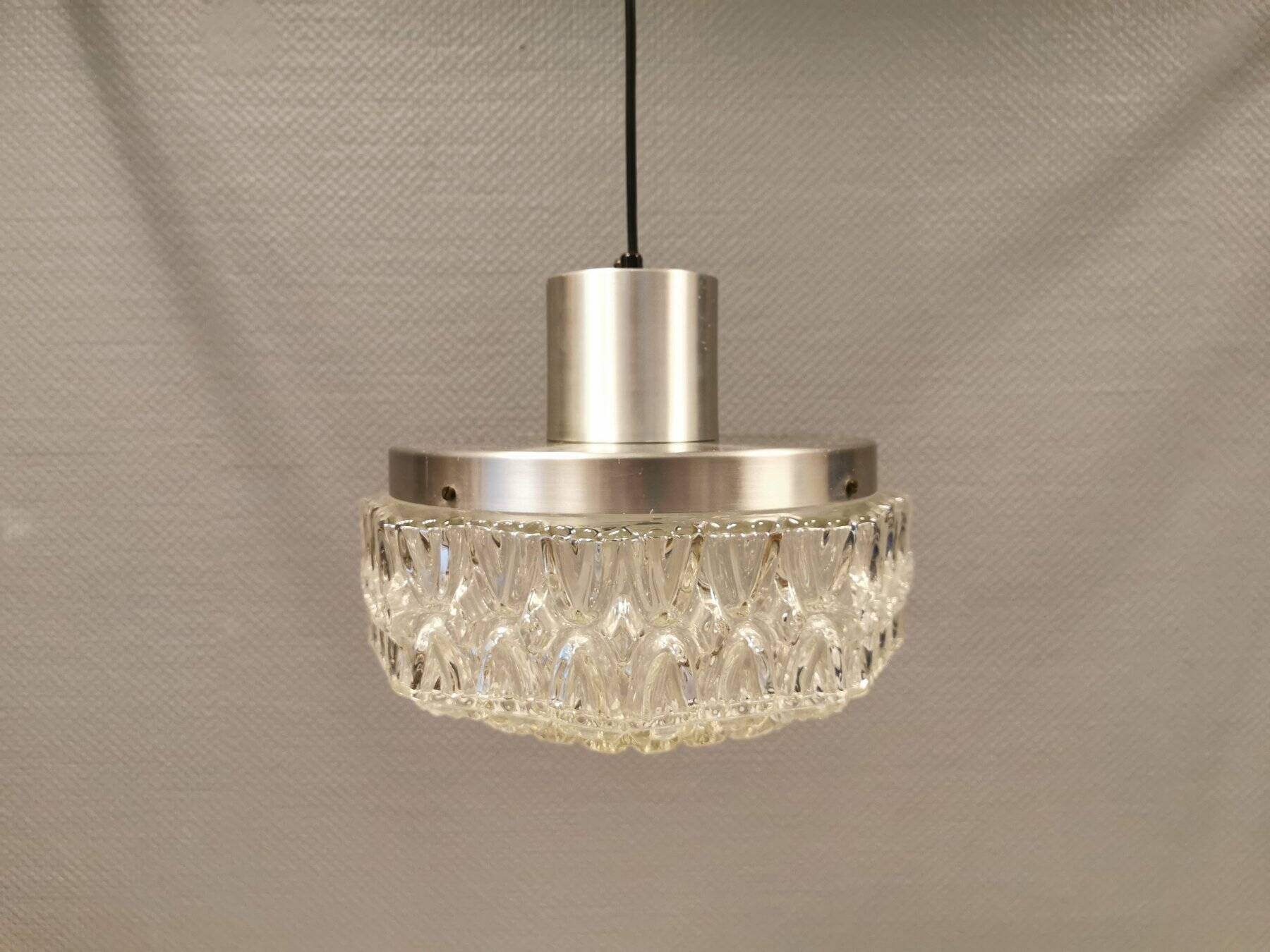 Beautiful hanging lamp in aluminium and hard-pressed crystal glass, probably Swedish