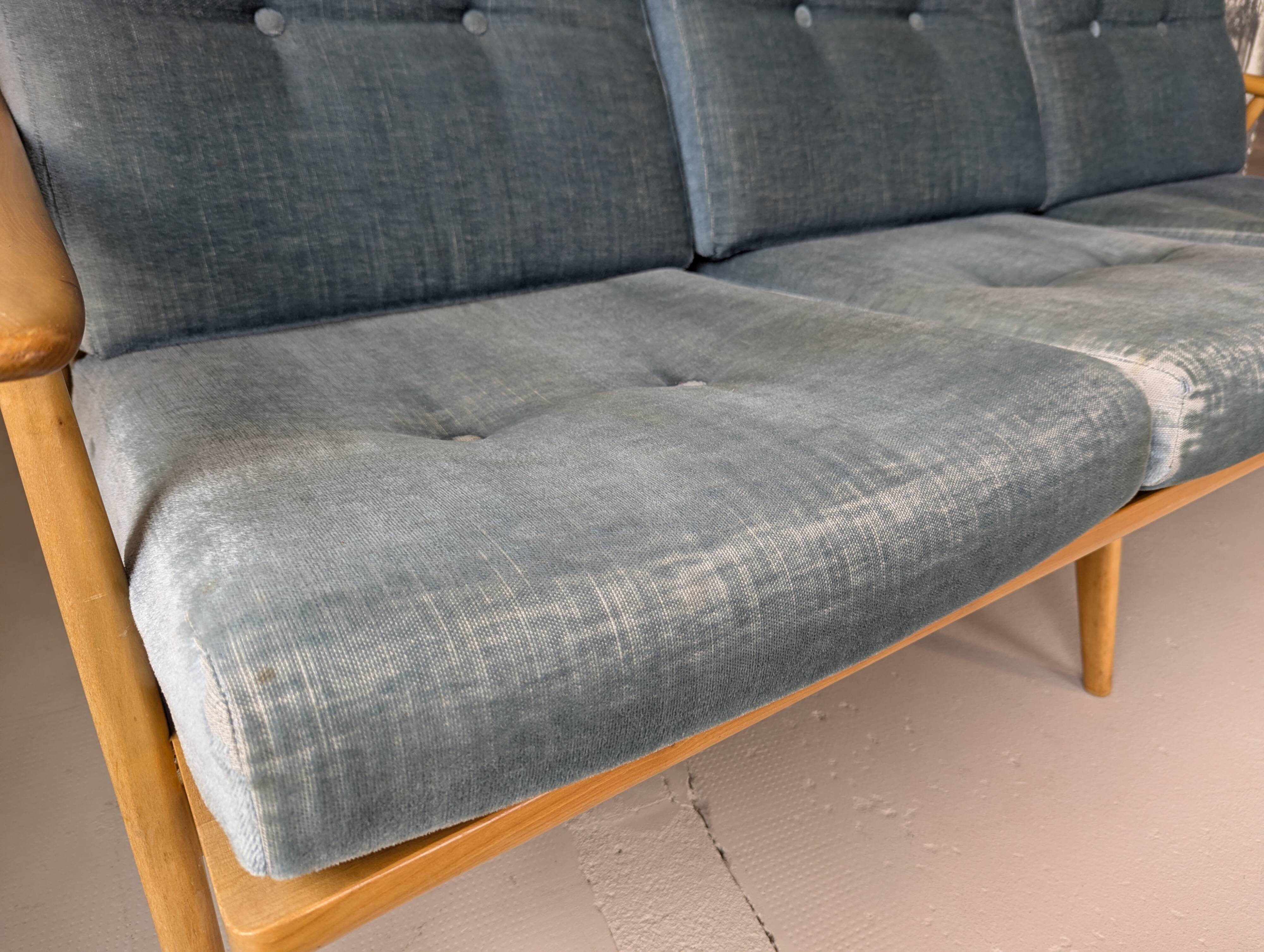 Banquette velours et bois clair, scandinave vers 1960/70