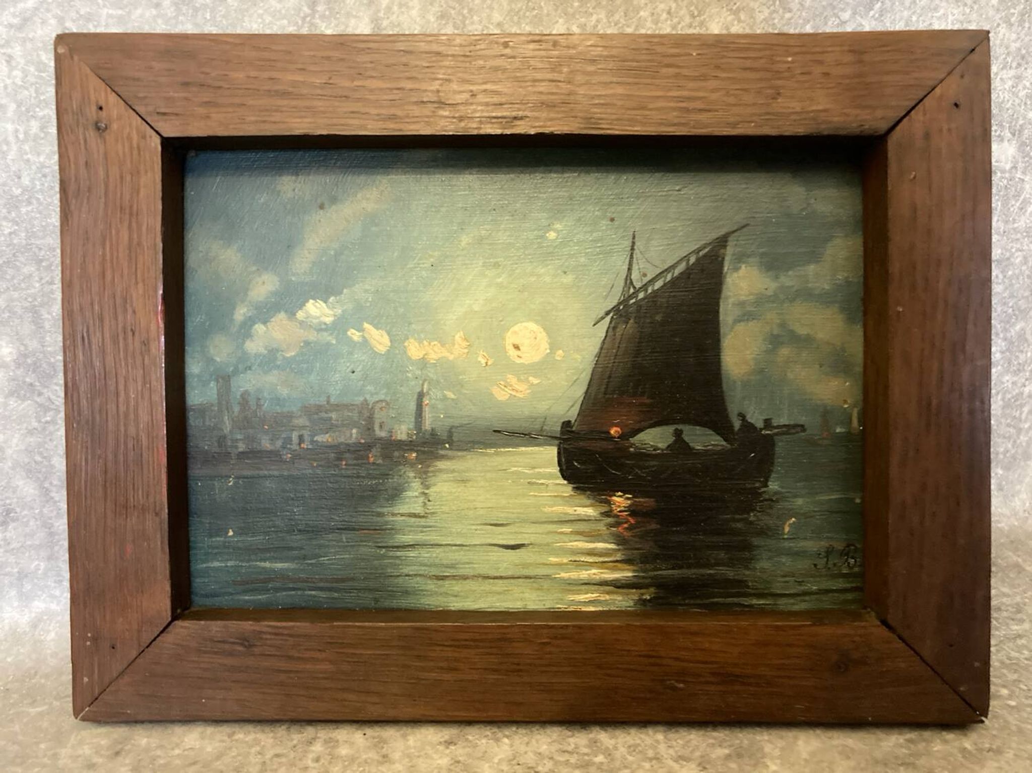 Painting. Oil on wood. Seascape, night, moonlight, fishing boat
