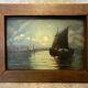 Painting. Oil on wood. Seascape, night, moonlight, fishing boat