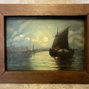 Painting. Oil on wood. Seascape, night, moonlight, fishing boat