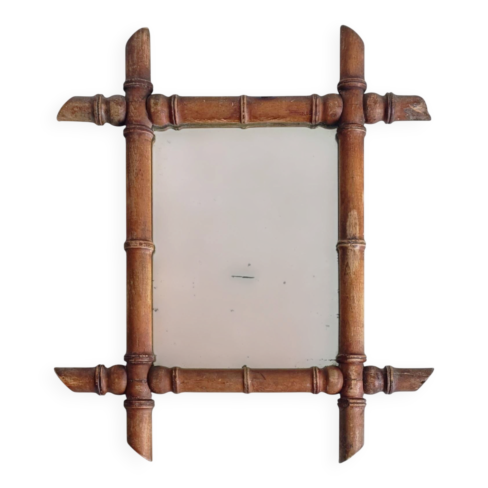 French Faux Bamboo Wall Mirror, Aged Patina, Circa 1900s