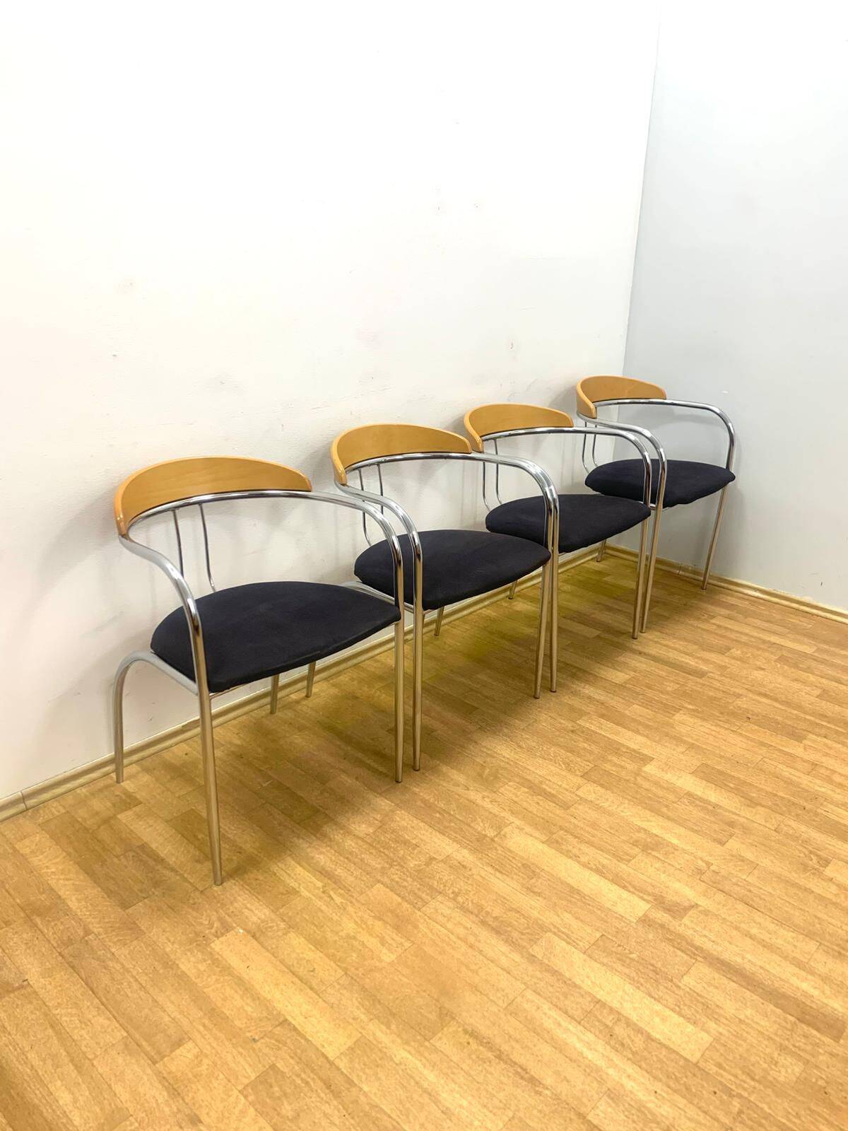 Set of 4 Chrome and Wood Chairs, Italy, 1980s