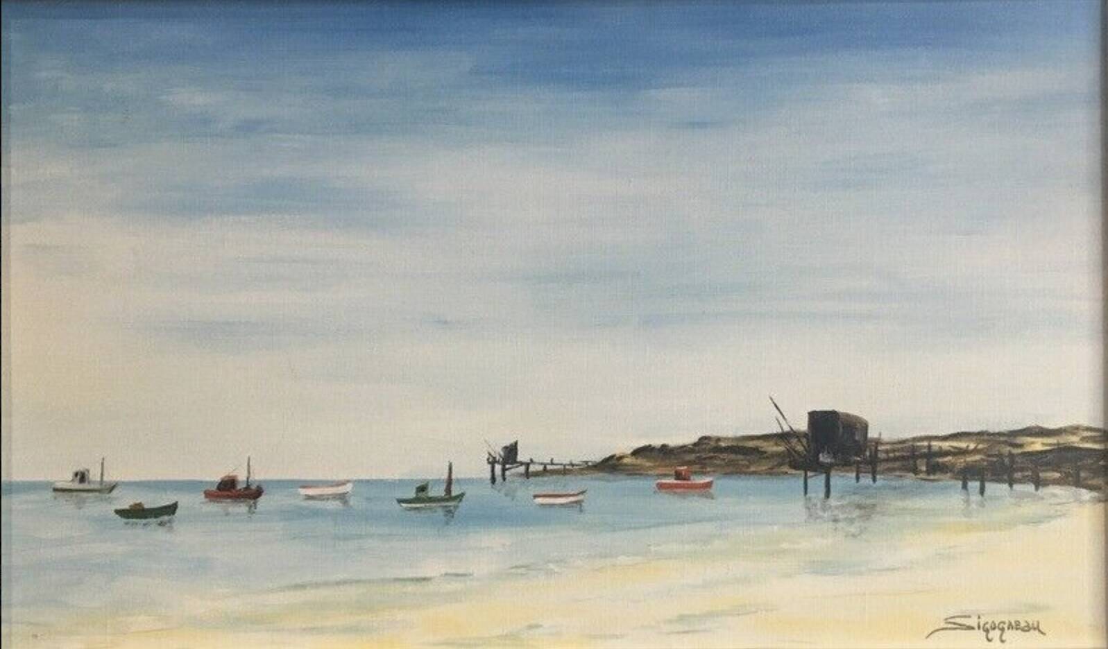 Fishing in the bay of Bourneuf en-Retz, Pornic - painting on canvas signed Sigogneau