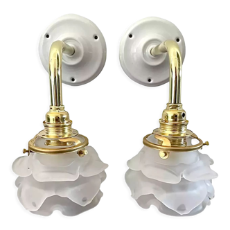 Pair of vintage glass wall lights flowers