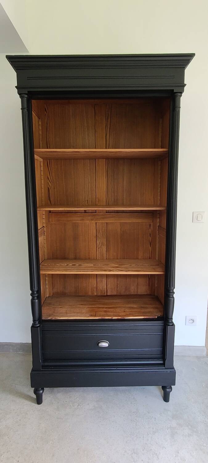 Old library storage unit shelf cabinet curiosities vintage black linen