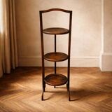 Vintage 3-tier cake stand in dark wood, 1920s serving display.