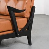 Fauteuils en bois et cuir, circa 1950