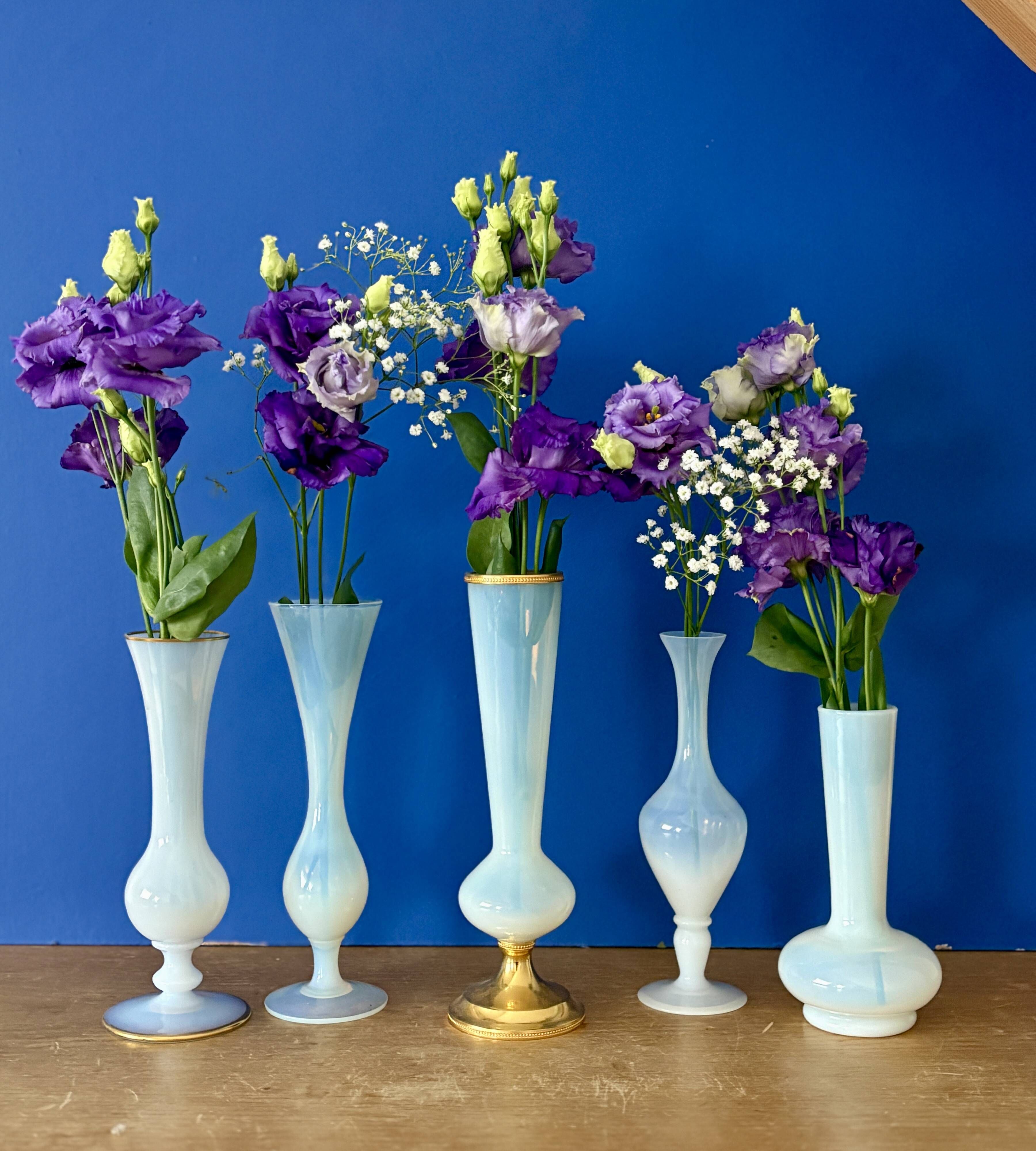 Set of 5 soliflores or antique vases in white opaline and brass.