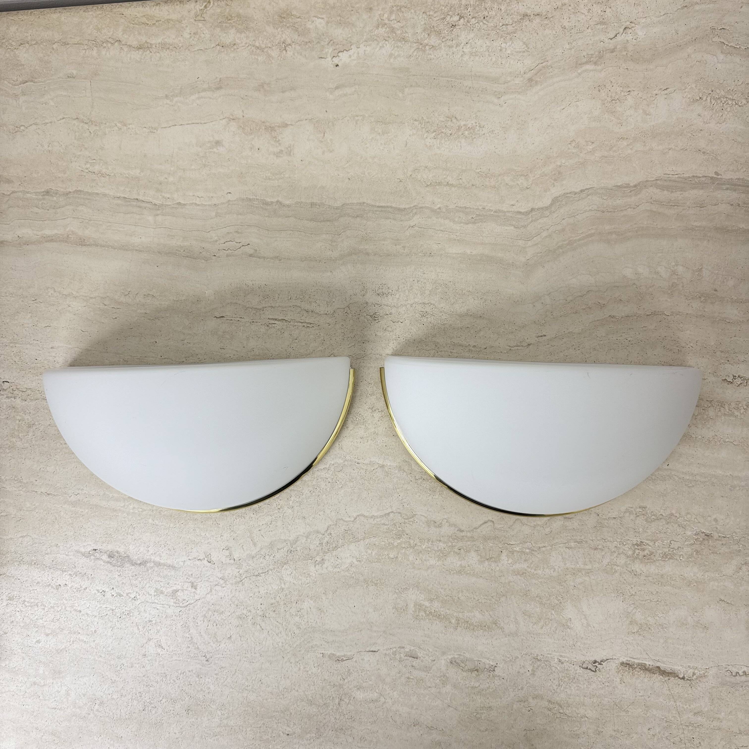 Pair of Limburg Glashütte wall lamp sconce opaline glass with golden detail