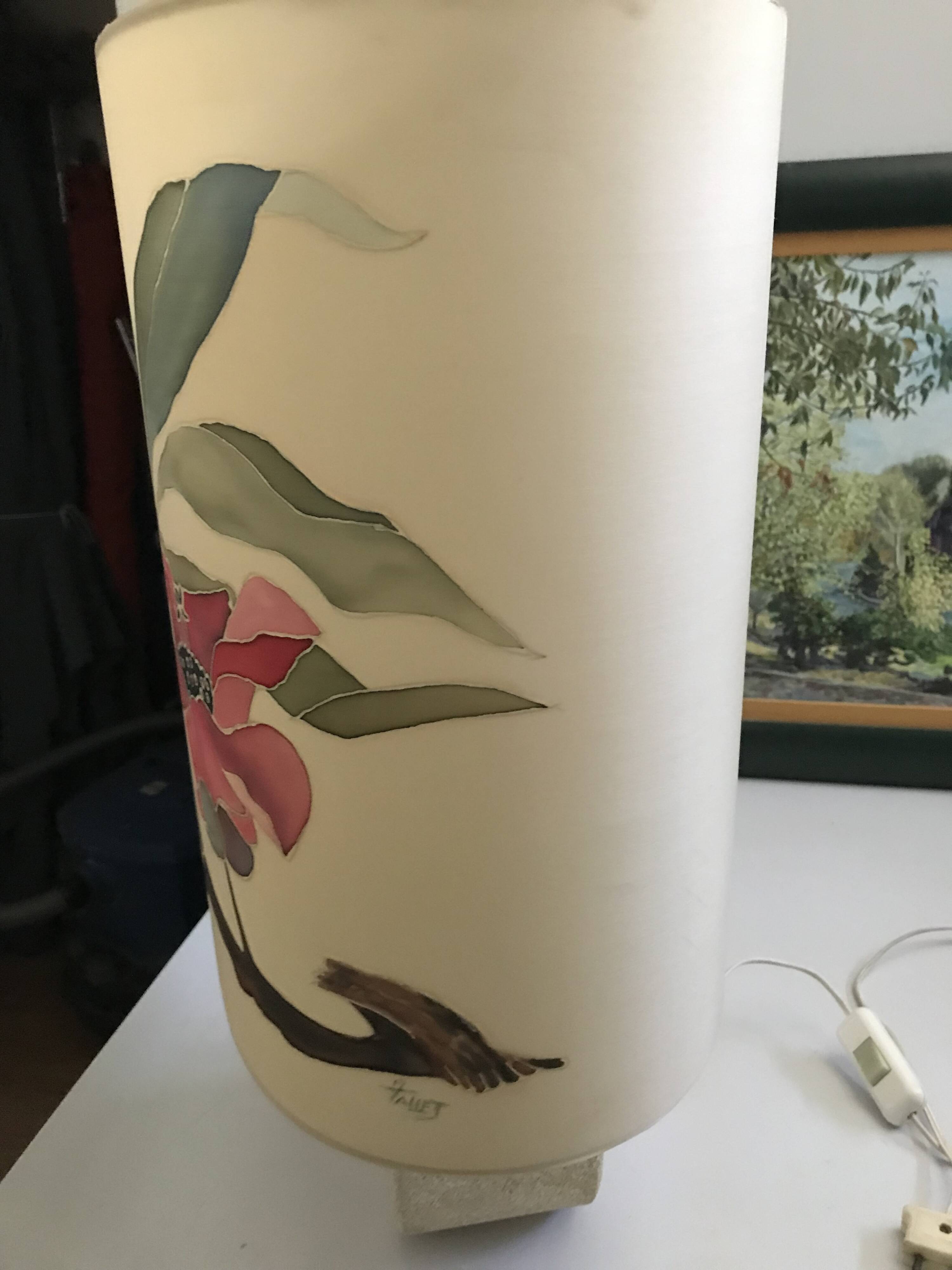 Vintage 70s-80s Lamp - Sculpted Stone Base & Painted Silk Shade