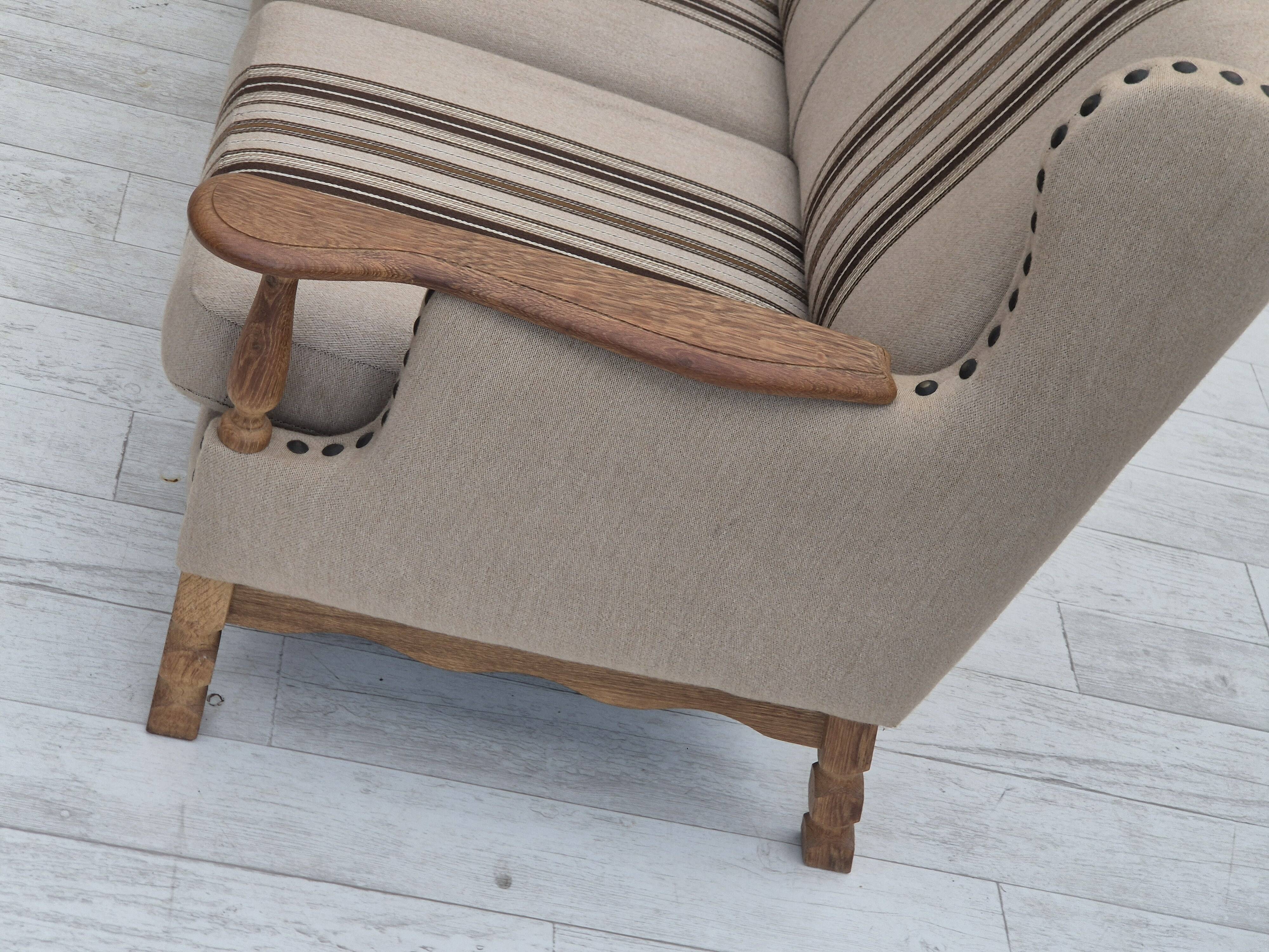 1970s, Danish 3-seater sofa, furniture wool fabric, oak wood, original.