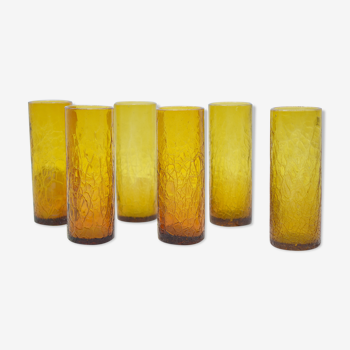 Set of 6 old amber yellow blown glass glasses