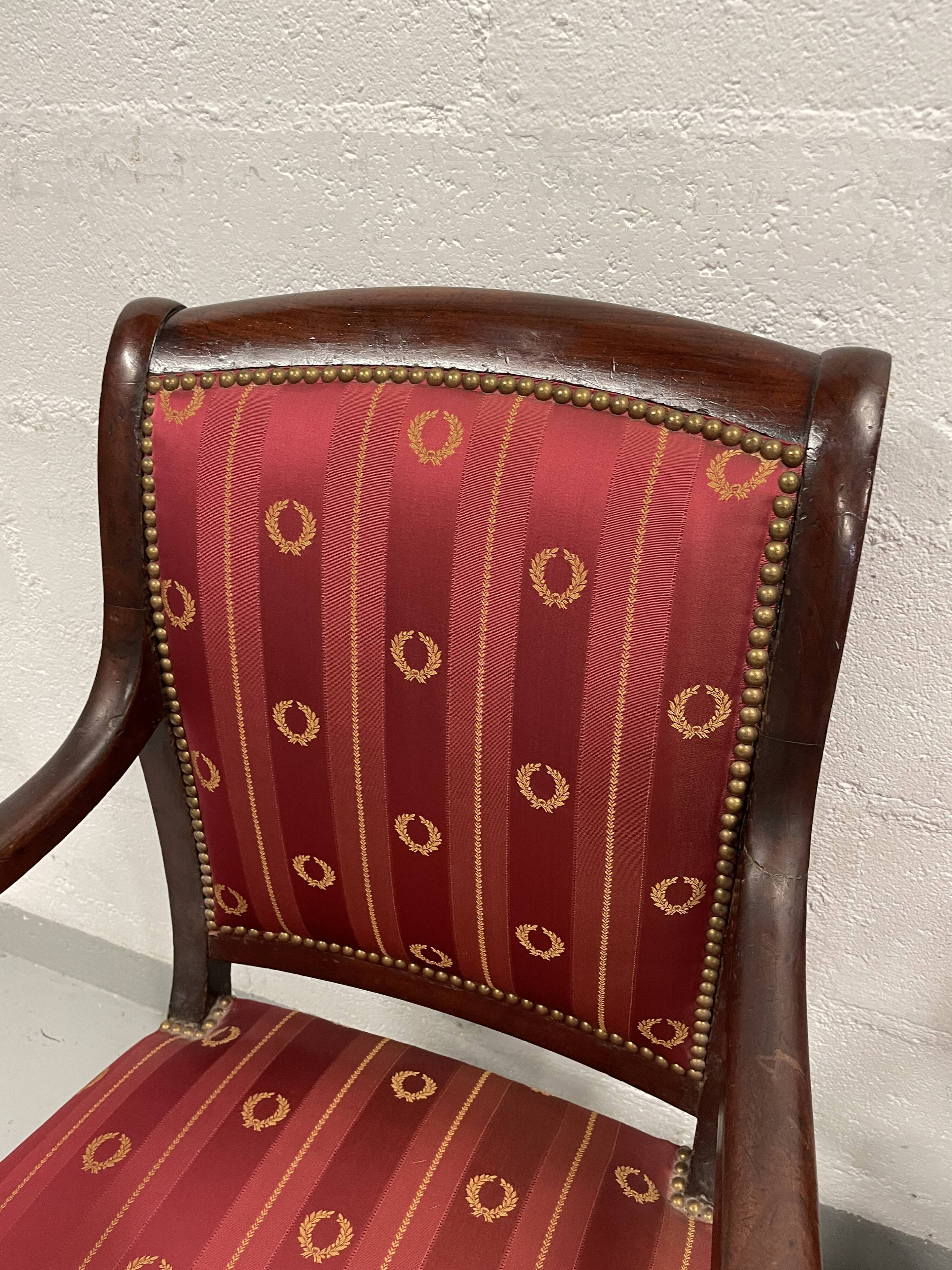 Pair of empire period armchairs in mahogany and silk