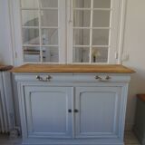 Vintage sideboard enhanced in cloud gray, pitch pine top.