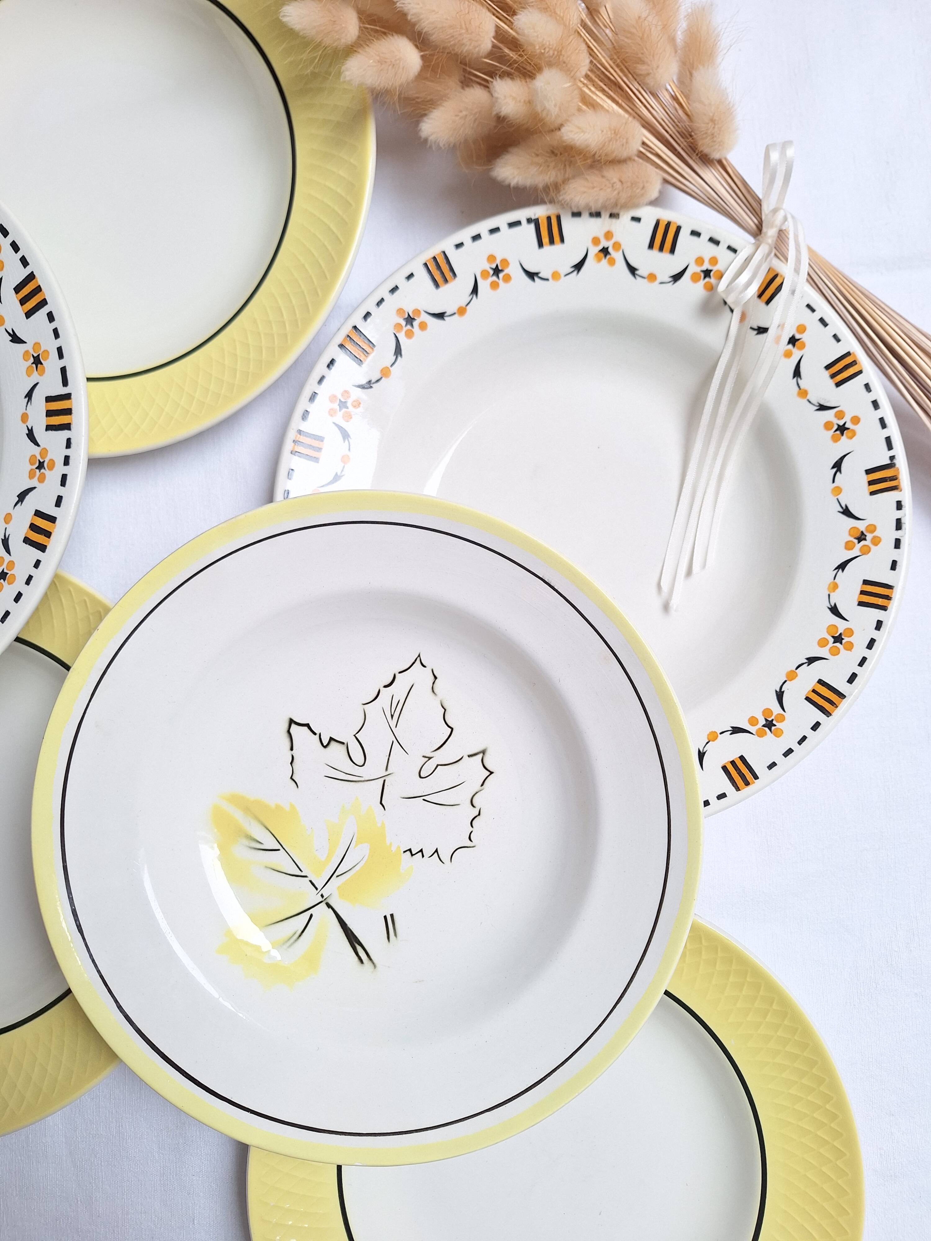 Vintage yellow soup plates from Moulin des Loups, Gien, Sarreguemines