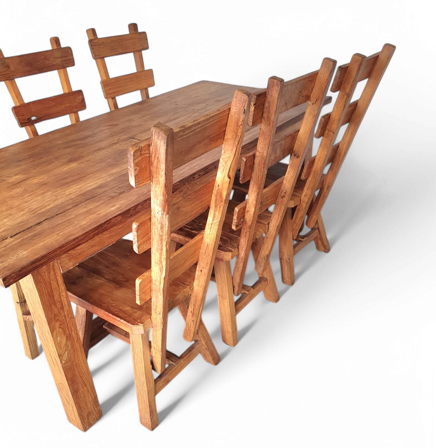 Elm wood brutalist wabi sabi dining set with 6 chairs & Table, 1960s
