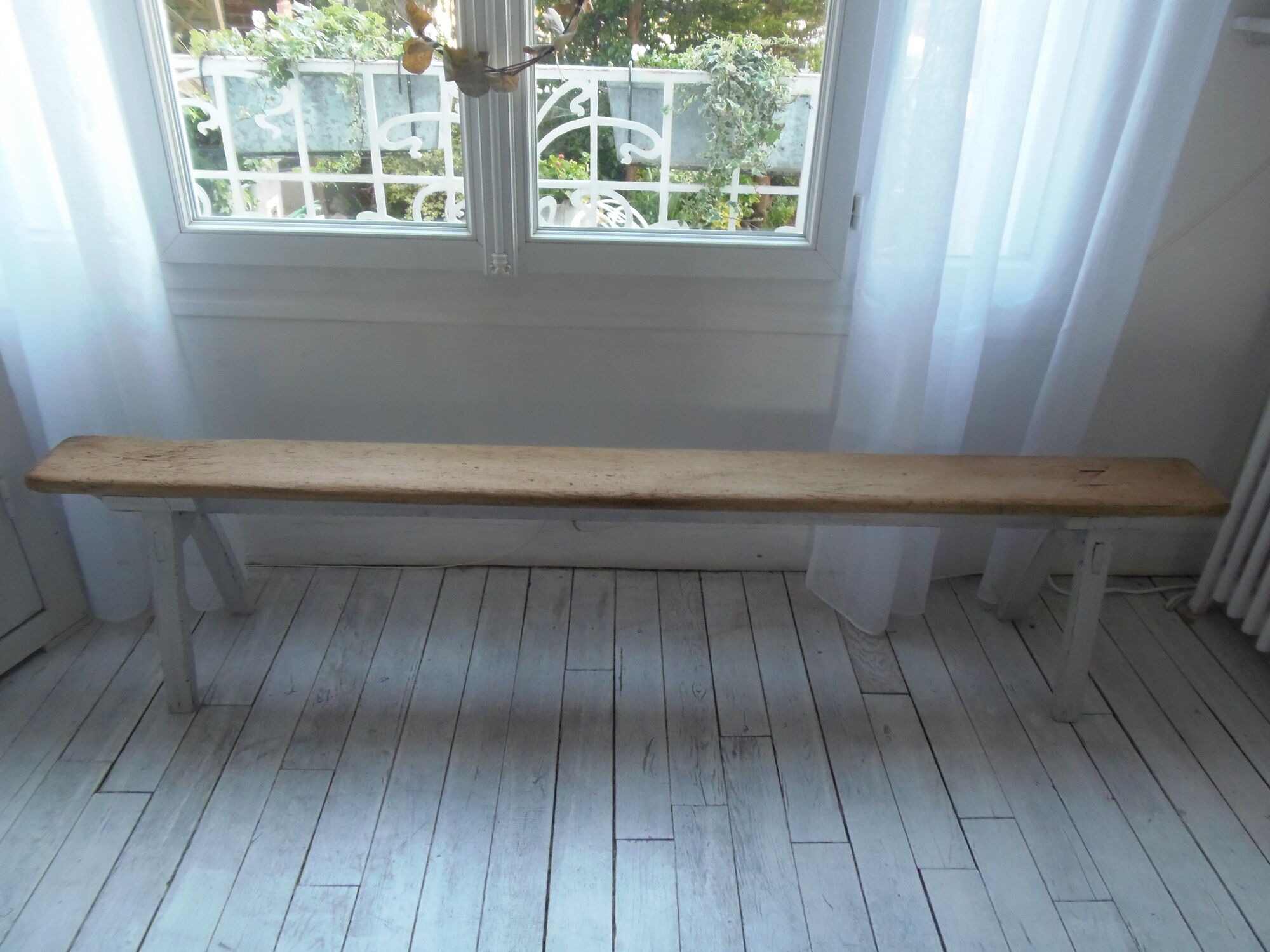 Farmhouse bench, pearl grey patinated oak bed, wood seat waxed finish.