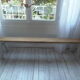 Farmhouse bench, pearl grey patinated oak bed, wood seat waxed finish.
