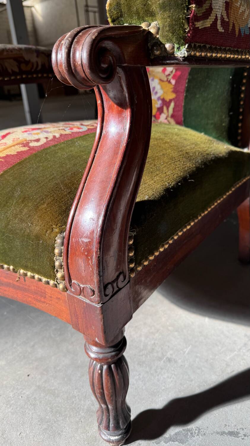 Antique mahogany wood upholstery armchair