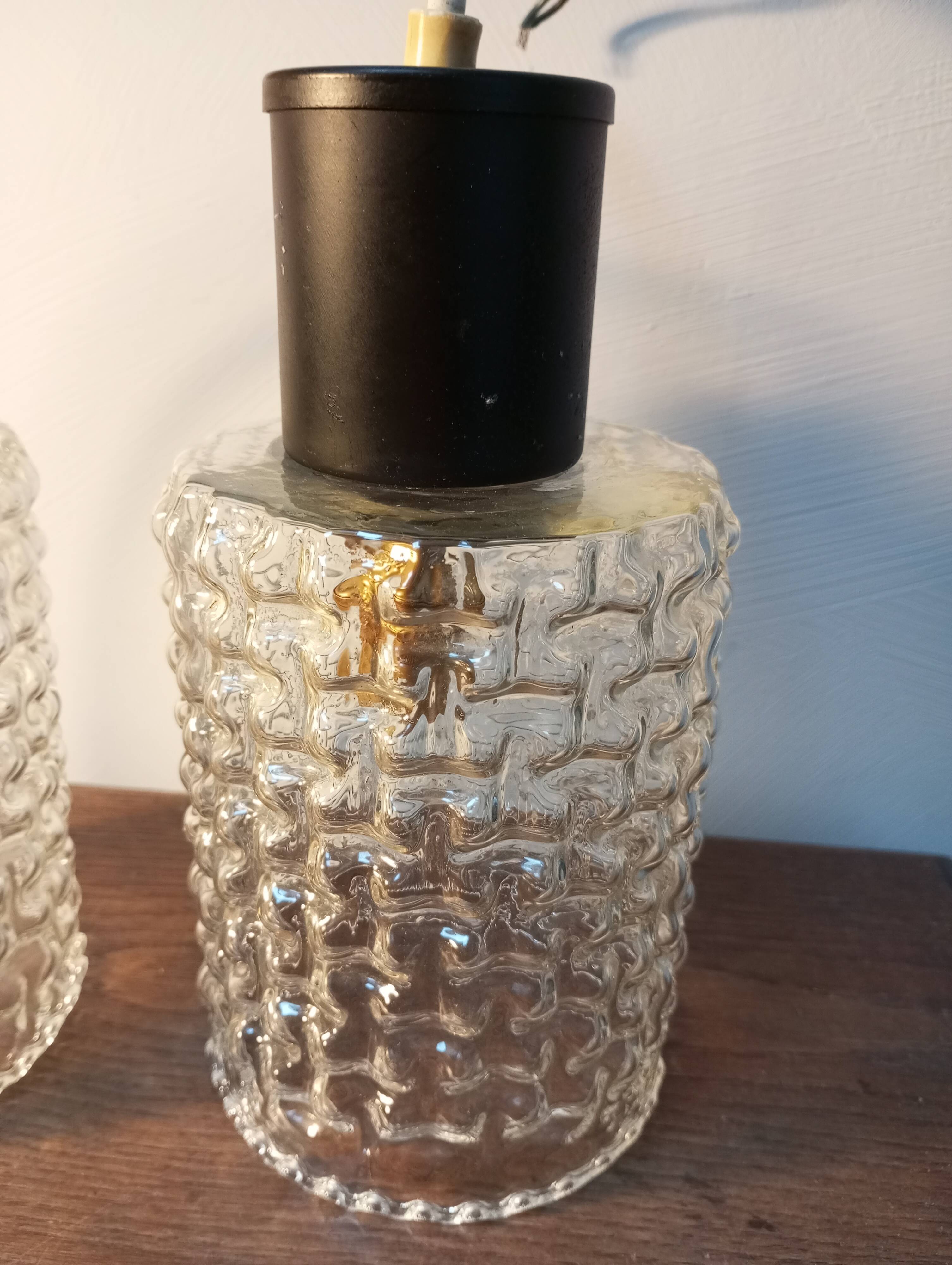 Pair of hanging lamps, glass and metal portable lamps