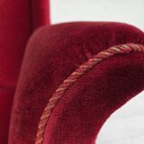 1960s, Danish armchair, cherry-red furniture velour, ash wood, original.