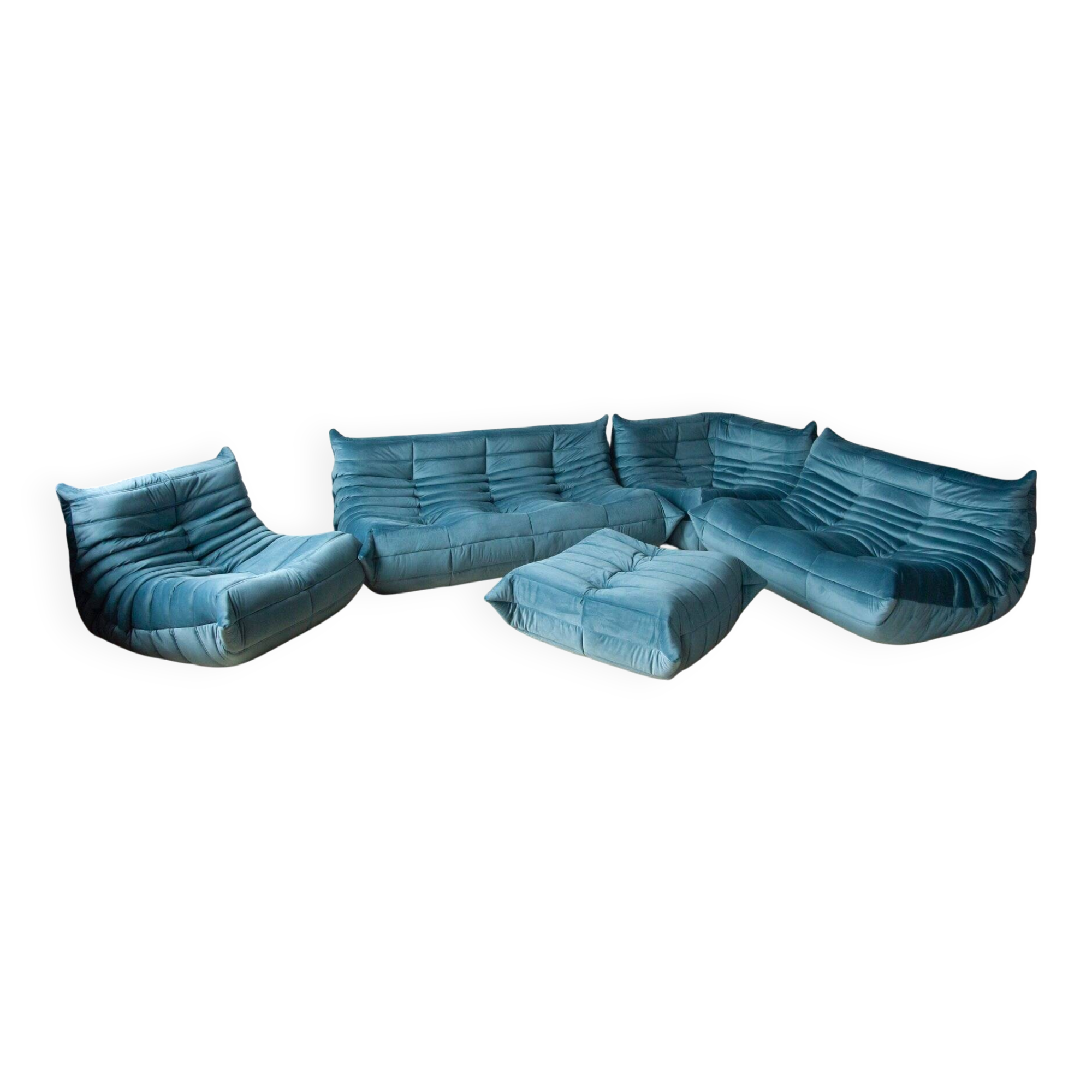 Togo living room set in blue velvet by Michel Ducaroy for Ligne Roset, set of 5