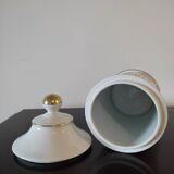 Pharmacy / apothecary pot in white earthenware decorated with gold net, "Catharan: Roseus signed Limoges