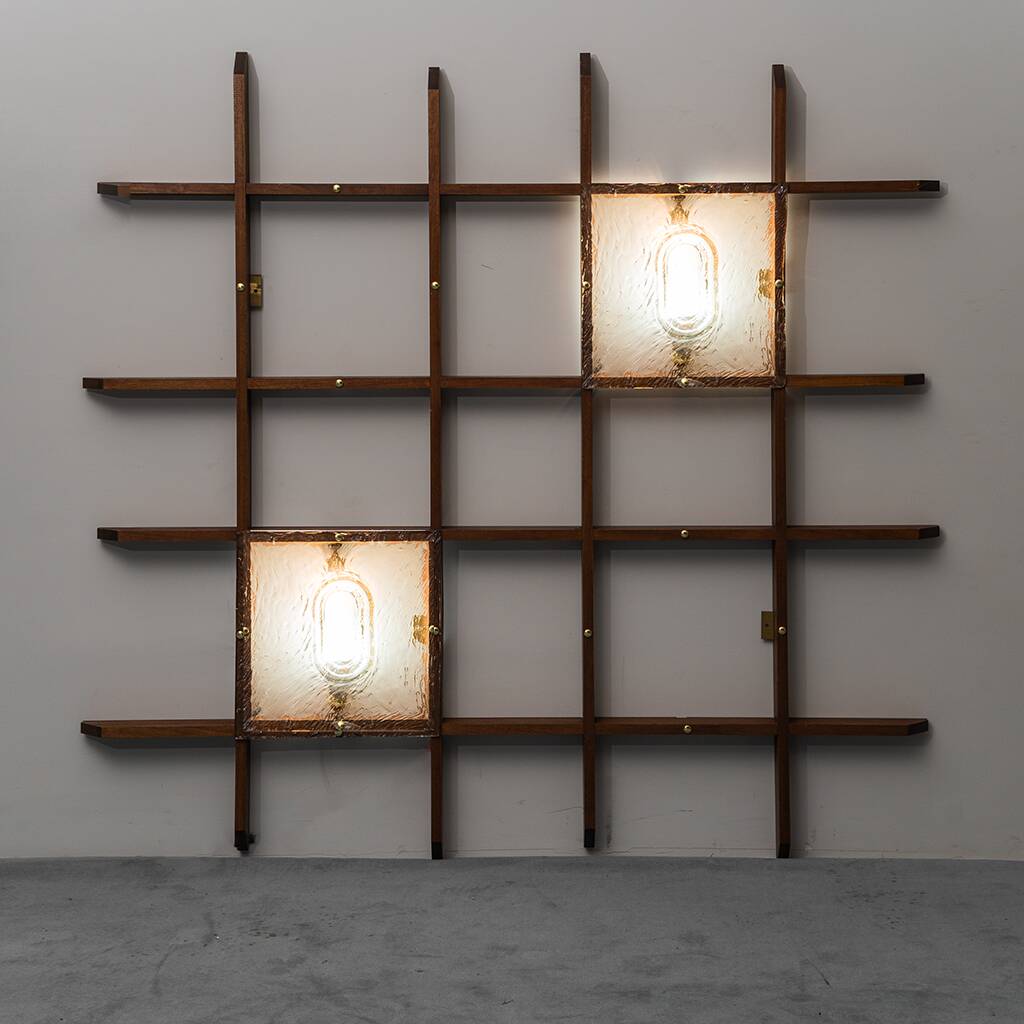 2-light wall lamp with teak grid frame mazzega 1960s vintage modern antique
