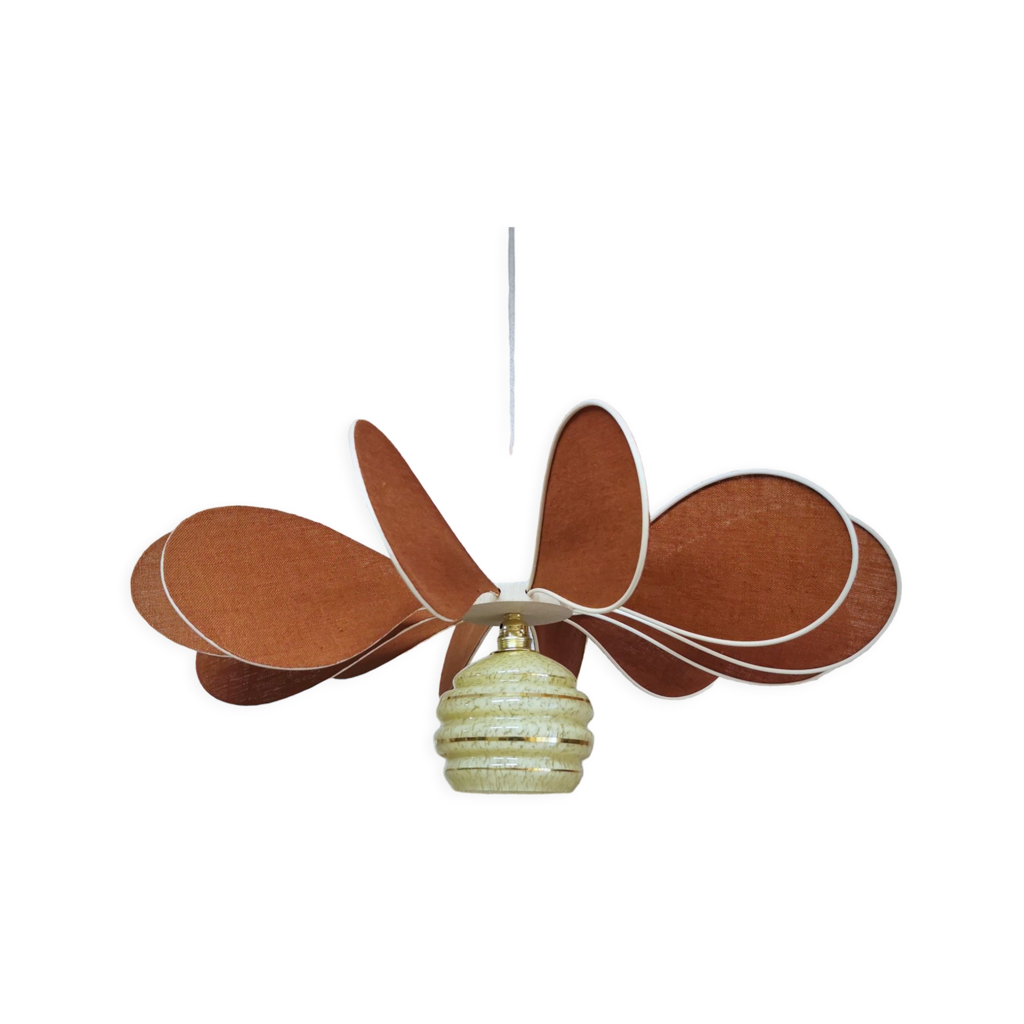 Pendant light flower 12 blades linen, rattan and globe in glass of Clichy