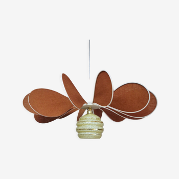 Pendant light flower 12 blades linen, rattan and globe in glass of Clichy