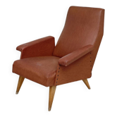 Camel brown imitation leather armchair, France 1960