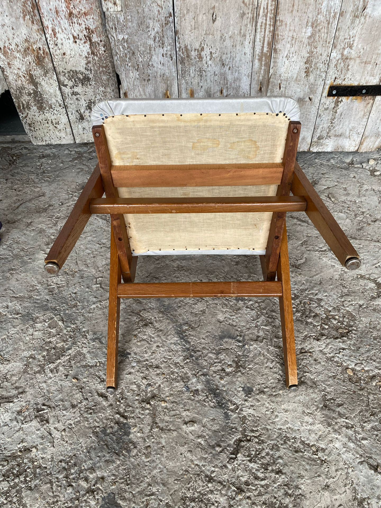 Vintage 1960s Scandinavian Bridge Armchair Wood + Grey Faux Leather
