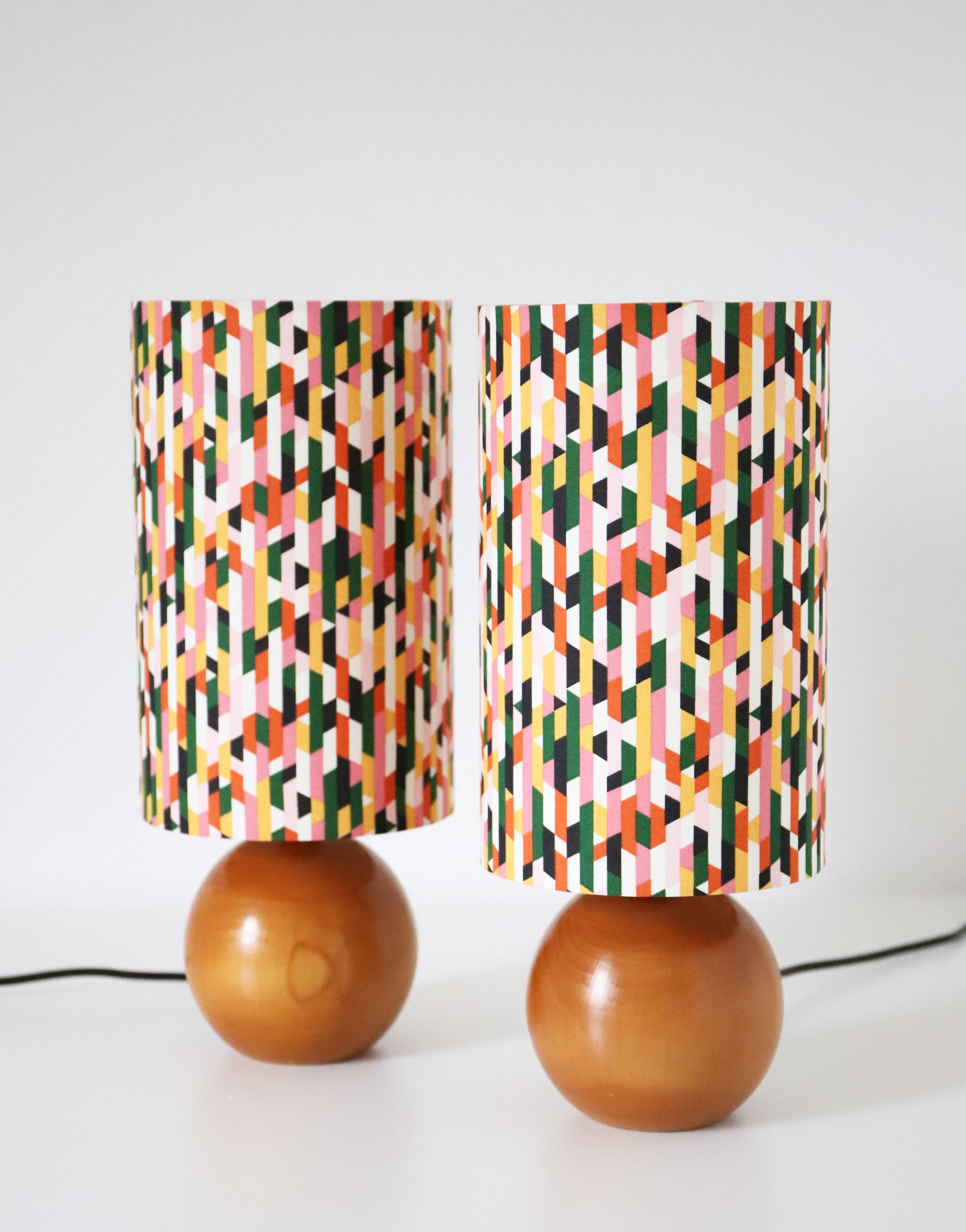 Bedside lamps, solid wood sphere base and printed cylinder lampshade