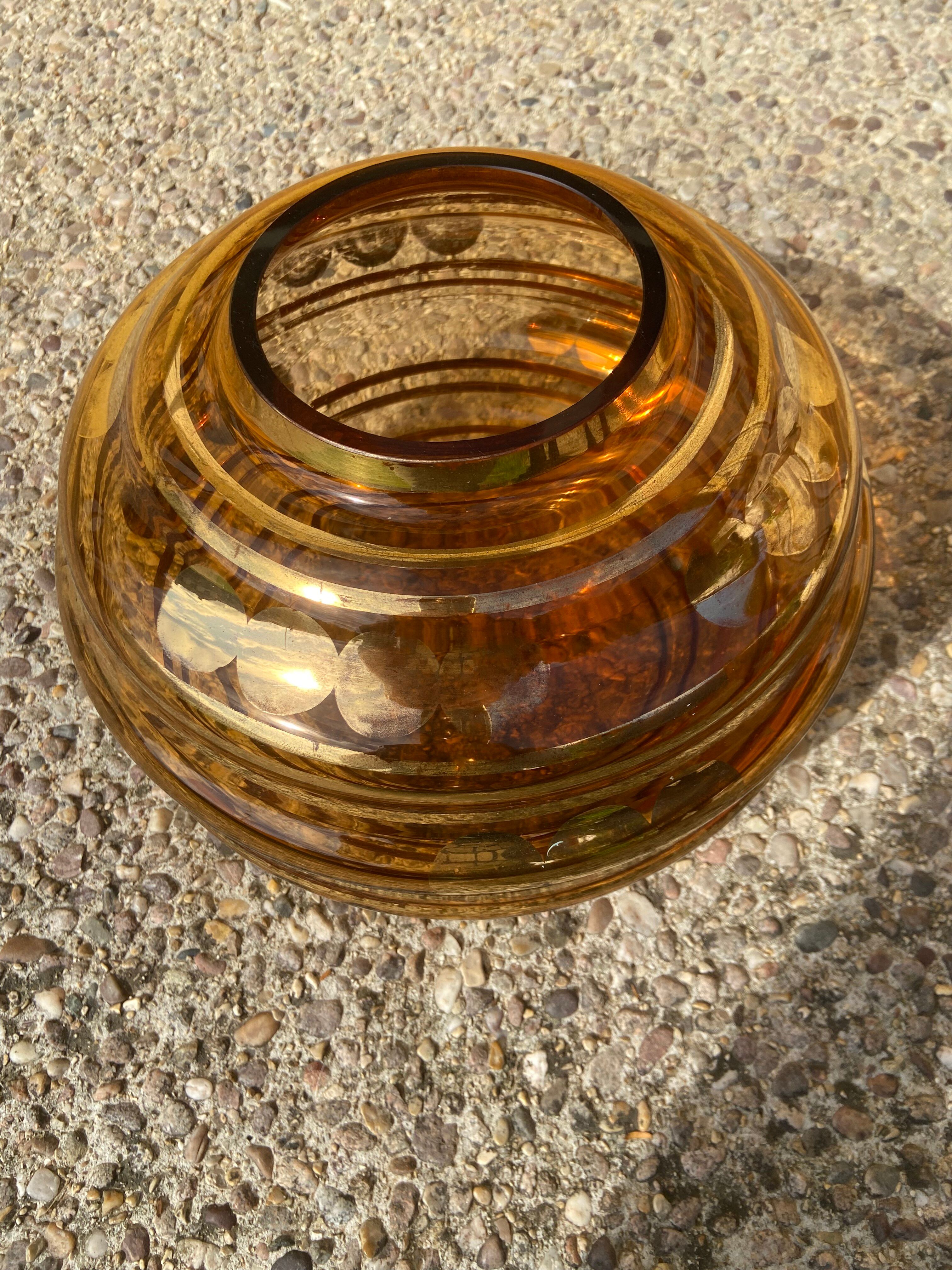 Large Art Deco round vase in amber glass signed Fains, circa 1930.