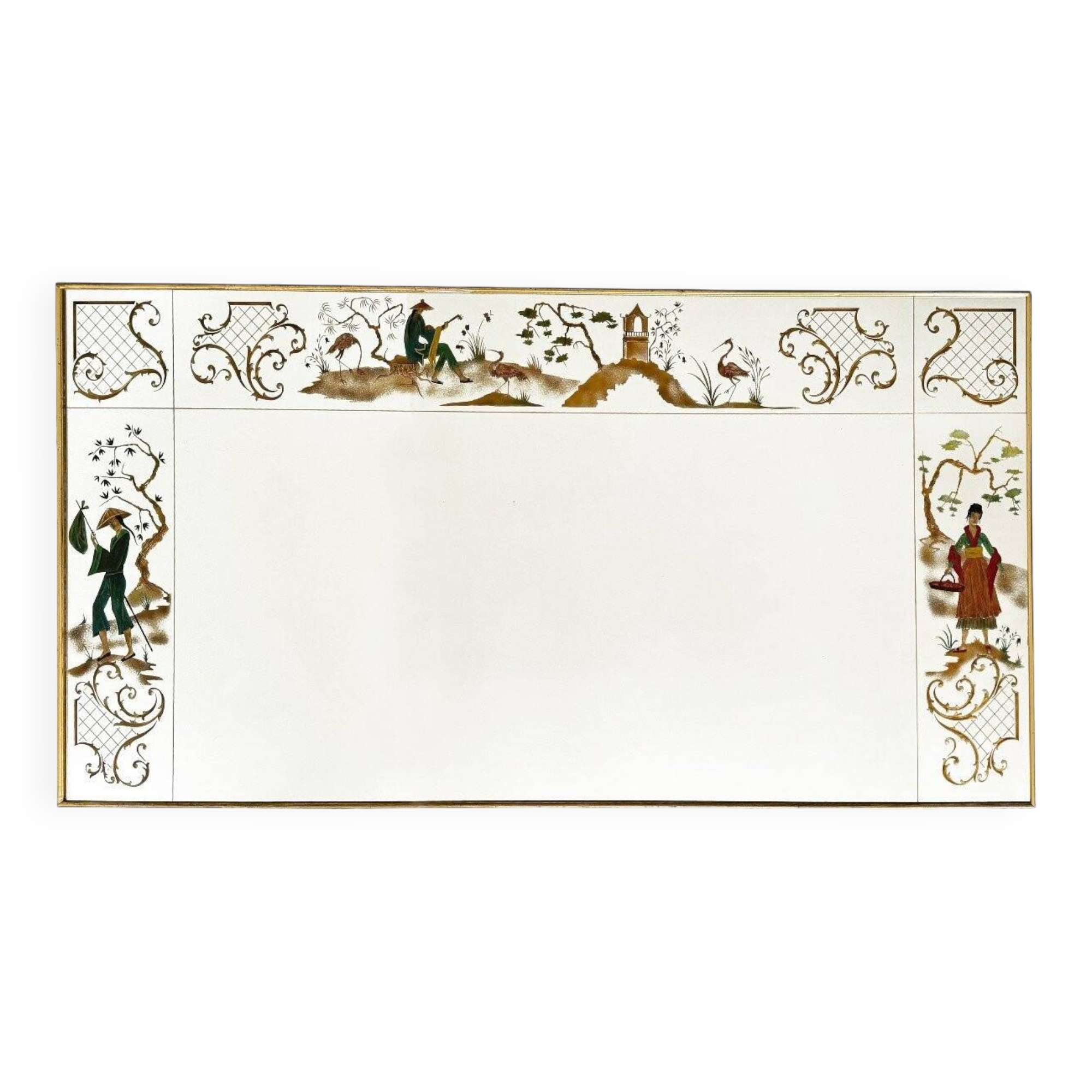 Brasserie mirror in gilded glass with a design of chinoiserie scenes.