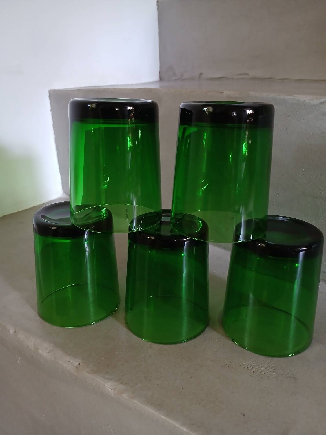 5 old green water glasses