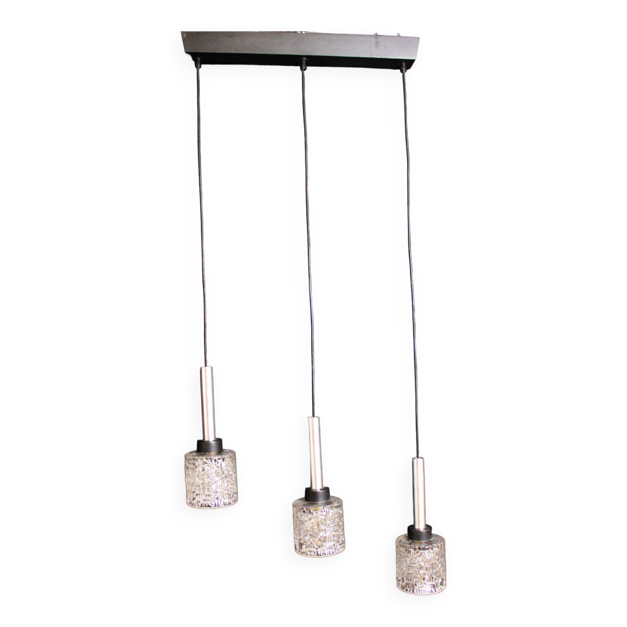 Vintage pendant light with 3 glass and chrome elements, 1960.