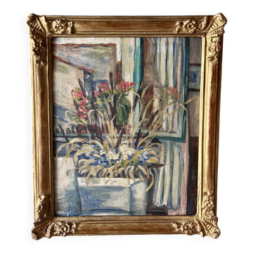 Tableau ancien Nature morte florale – Huile sur carton, 1951