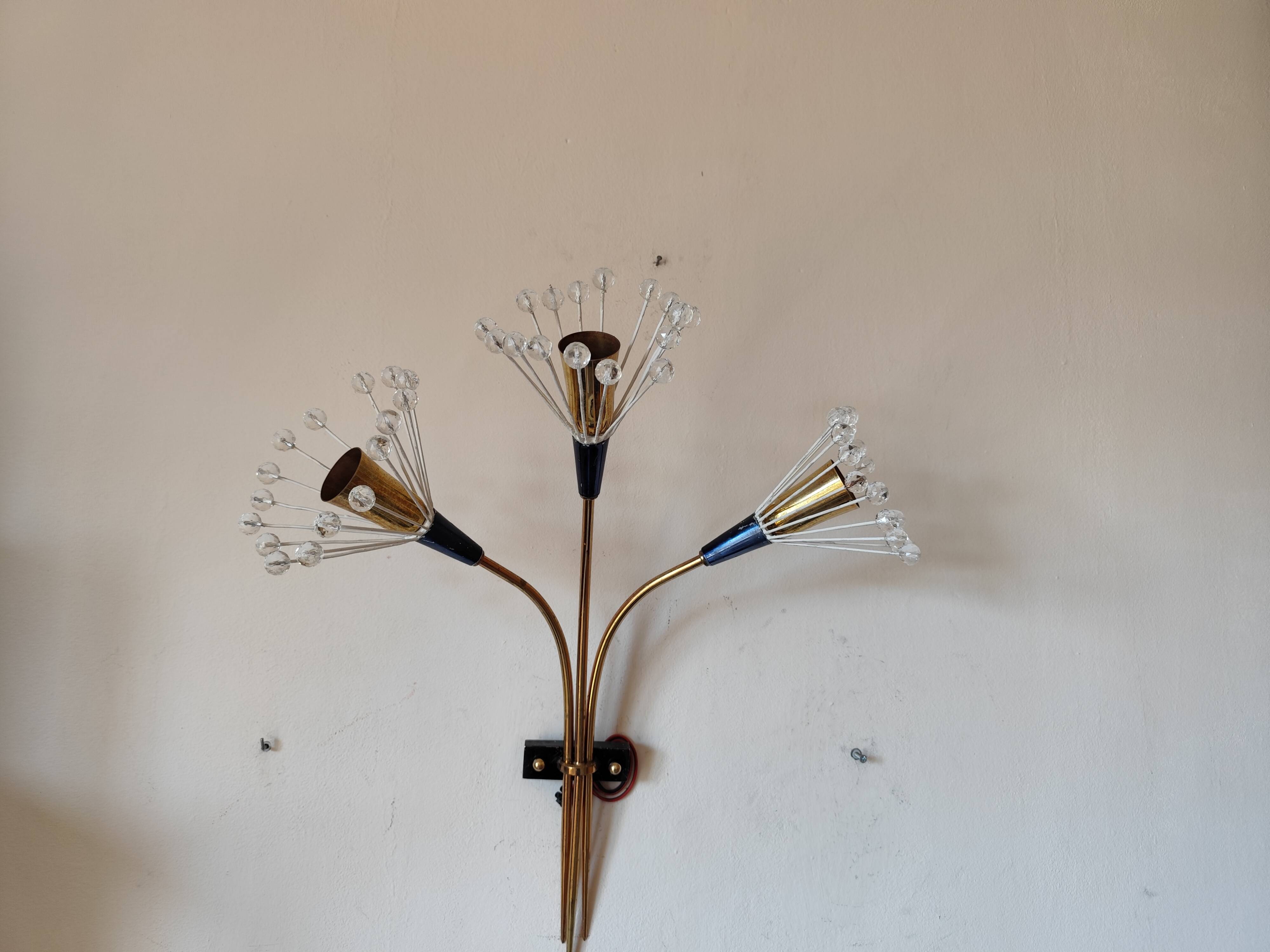 Wall lamp with 3 lights, brass and crystal balls, 1950s.